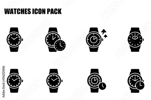 Black and white vector illustration of various wristwatches in different settings. Timepiece displays with different clock face views, and settings/functions.