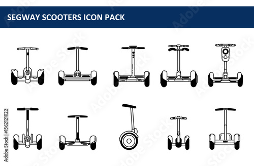 Segway scooter icons in various views. Multiple perspectives of hoverboards in a neutral, urban setting.