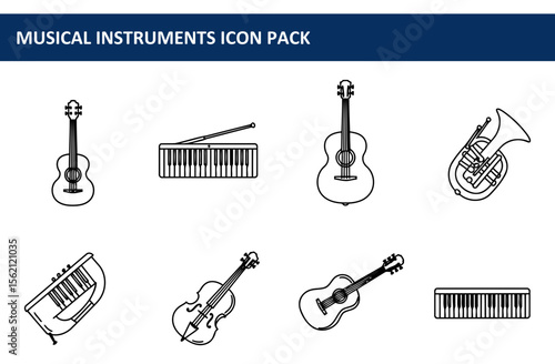 Musical instrument icons featuring acoustic guitar, keyboard, cello, acoustic guitar, and a brass instrument.