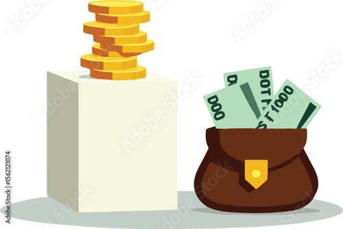A rich money bag brimming with dollar bills and gold coins, a true symbol of banking success and wealth