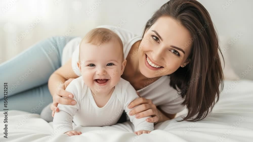 Mother and Baby Smiling Together in Bright Indoor Setting Mother and Baby Smiling Together in Bright Indoor Setting