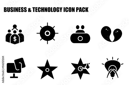 Business & technology icons with diverse functions in a modern design. Abstract figures of business team, virtual reality, and various tools with white background.