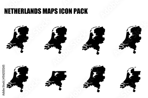 Netherlands map icons in a simple, black and white style. Silhouettes of the Netherlands map in various configurations, displayed against a plain white background.