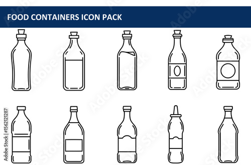 Food containers icon pack depicting various glass and plastic bottles. Simple line drawings of different food containers for use in advertising, editorial, or educational materials.