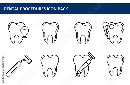 Dental procedures icon pack depicting various treatments on teeth. Simple line drawings of tooth icons with dental instruments in different poses.