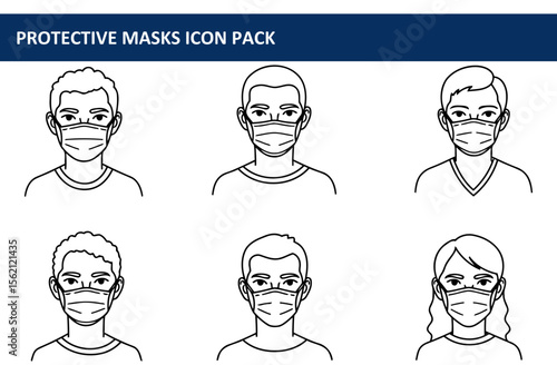 Various people of diverse ethnicities wearing protective face masks in a neutral setting. Portraits of individuals in casual attire facing forward with a serious expression.