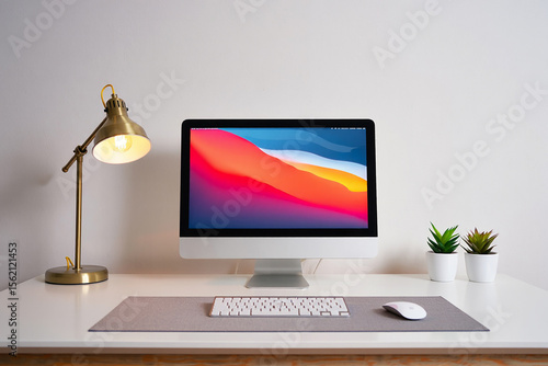 Modern Workspace Featuring an iMac, Desk Lamp, and Succulents on a Clean White Desk, Creating a Minimalist Aesthetic