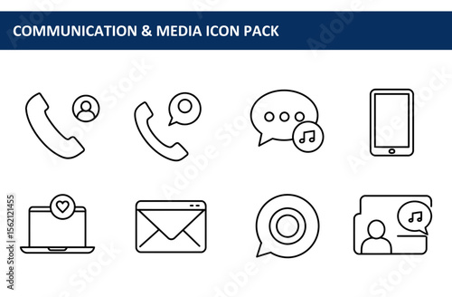 Line art communication icons in a modern, minimalist style. Simple icons for phone, email, messaging, and social media, with a focus on various forms of digital interaction.