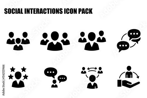 Flat vector icons representing social interactions. Various group and communication interactions displayed against a plain white background.