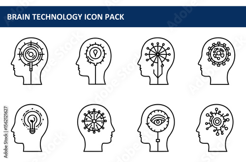 Brain technology icon pack showing various conceptualizations of the mind and thinking processes.
