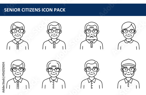 Senior citizens in polo shirts and eyeglasses, various facial expressions, in a profile view against a plain background. Diverse senior citizens in various settings.