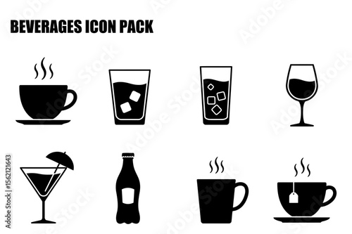 Beverage icons depicting various drinks in different containers. Collection of common drinks in everyday settings.