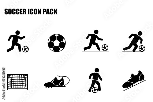 Soccer icon pack featuring players and equipment. Simple black and white illustrations of soccer players in action, a soccer ball, and cleats on a plain background.