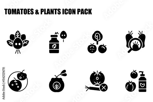 Tomato and plant care icons, showing various stages and issues. Diverse horticultural elements in a simple, flat vector illustration style.
