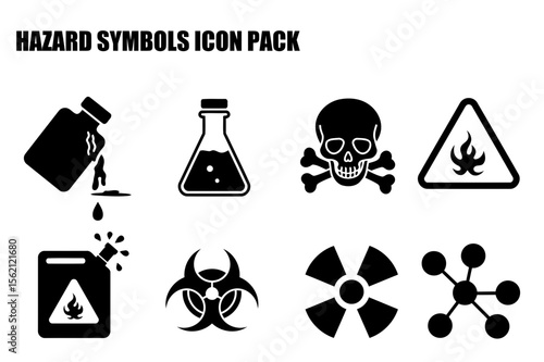 Hazard symbols icon pack showing various safety symbols for different hazardous materials. Illustrative icons for chemical, biological, and radioactive substances with no people or location.