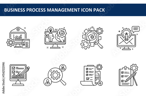 Business process management icons depicting various stages in a modern office setting. Various stages in a modern business process illustrated in a linear, abstract style.
