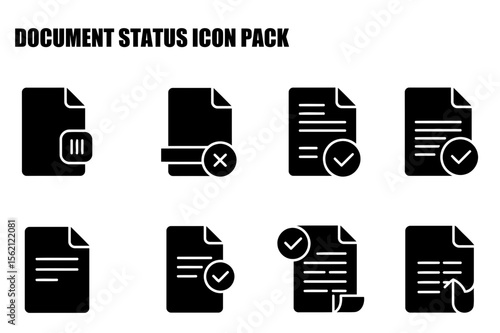 Document status icons showing various states of approval and rejection. Simple, black and white icons depicting files with approval or rejection symbols.