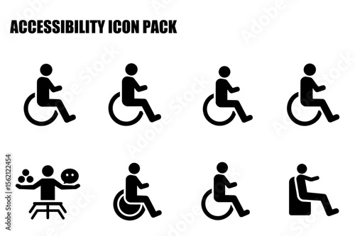 Accessibility icon pack depicting various people in wheelchairs and other assistive devices. Basic illustrations of individuals using accessibility tools in various positions.