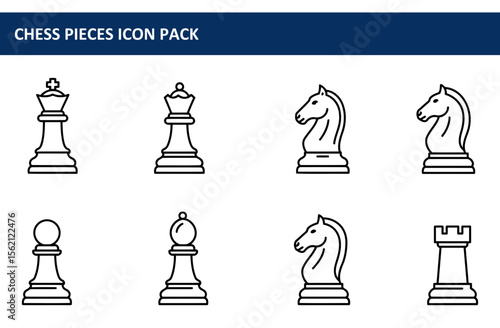 Chess pieces icon set. various pieces in a flat, black and white line art style.