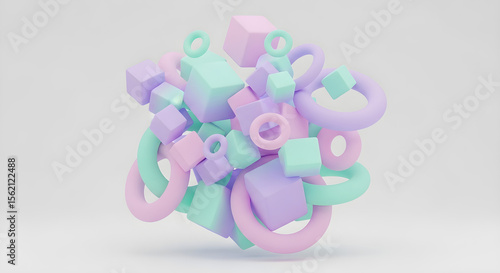 Abstract 3D composition of floating cubes and rings in pastel gradients, isolated on white background. AI