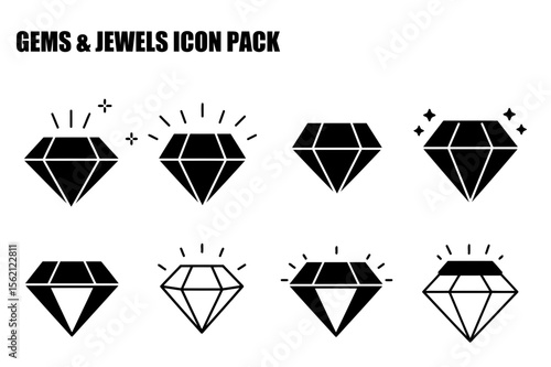 Diamond icon set in various styles with radiating light effects. Simple, outlined, and solid diamond illustrations for graphic design elements.