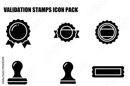 Validation stamps icon pack showing various award and stamp emblems. Flat design icons for website or app design. Generic business icon set with diverse validation types.