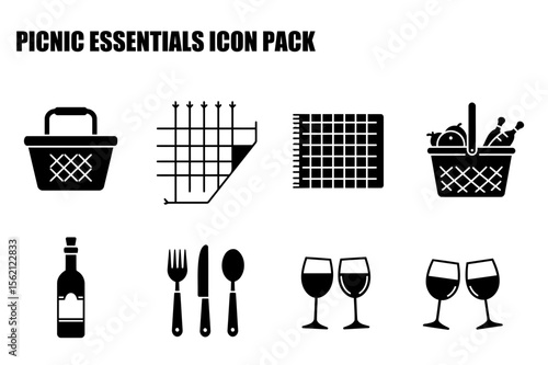 Picnic essentials icons, various items for outdoor dining, showing picnic basket, picnic mat, food, cutlery, wine, and drinkware. Simple, black and white silhouette images suitable for a picnic theme.