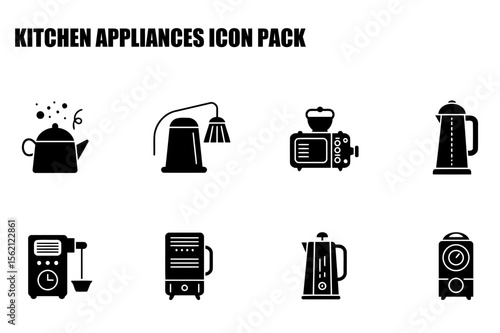 Kitchen appliance icons in a black and white graphic design.