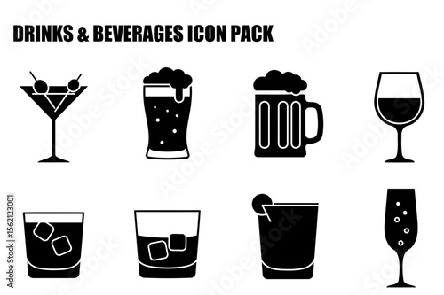 Beverage icons depicting various drinks in different glasses. Collection of simple, black and white icons showcasing cocktails, beer, wine, whiskey and champagne.
