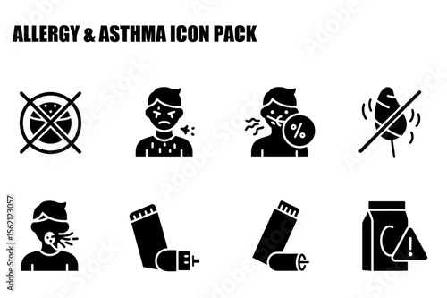 Black and white allergy and asthma icons showing various symptoms and treatments. Collection of simple, easily recognizable medical icons for website or app use.