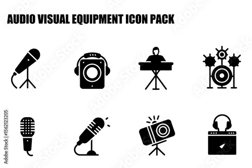 Audio visual equipment icons for a studio or performance setting. Simple black and white icons depict microphones, headphones, speaker systems, keyboards, drums, cameras, and audio mixing equipment.