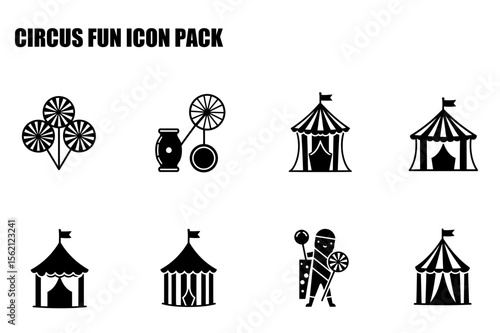 Circus fun icon pack showing various circus elements in a flat design style. Colorful, whimsical circus icons for advertising and editorial use.