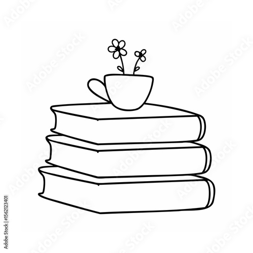 Line art stack books with a teacup flowers on top floral