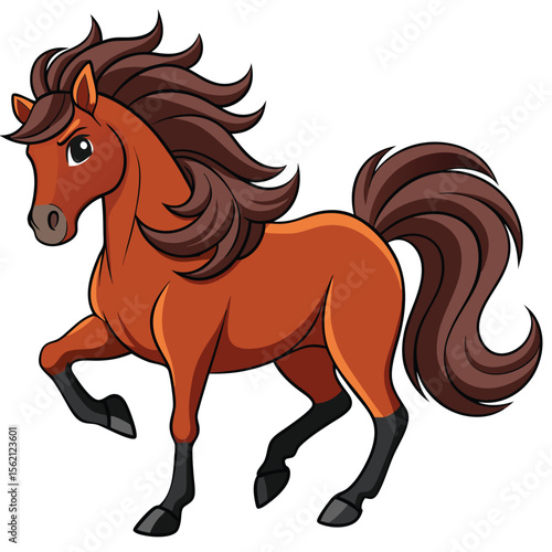 Cartoon Illustration of a Brown Horse with a Dark Brown Mane and Tail