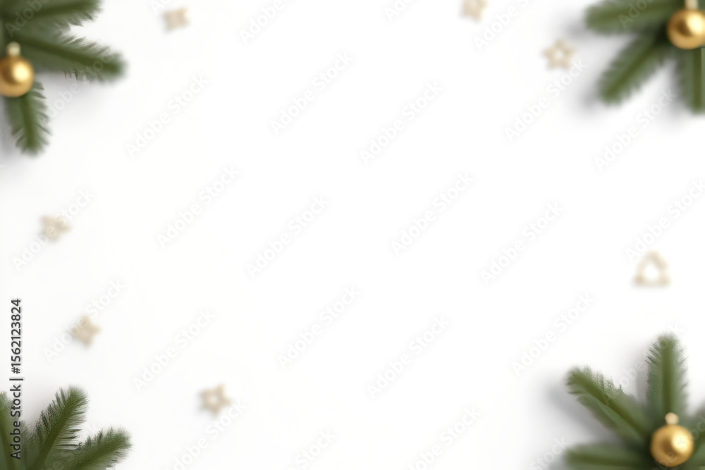 Minimalist white Christmas background with soft shadows, pine branches, and gold ornaments placed delicately in the corners. Minimalist white Christmas background with soft shadows, pine branches, and gold ornaments placed delicately in the corners.