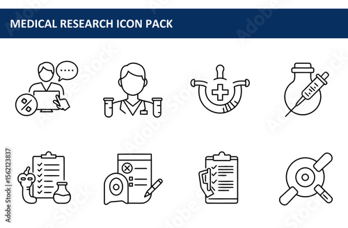 Medical research icon pack depicting various medical professionals and tools in a clinical setting.