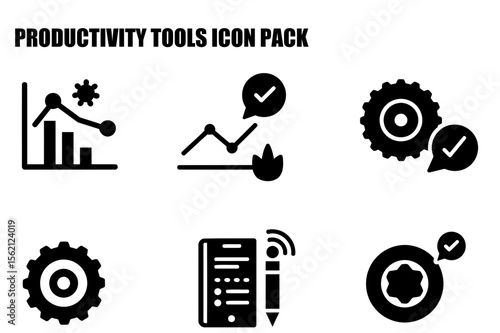 Productivity tools icon pack showing various business metrics and productivity tools. Collection of icons for use in marketing materials for software or apps that improve business productivity.