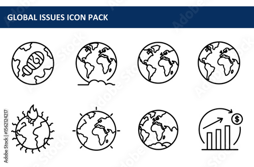 Global issues icon pack showing various environmental and economic impacts on the Earth.