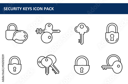 Security keys icon pack with various lock and key designs. Collection of simple, line art icons for security and access control.