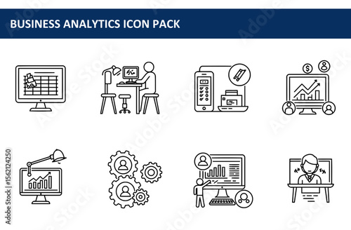 Business Analytics Icon Pack depicting various business activities. Simple line art of employees working on computers, mobile devices, and analyzing data in an office setting.