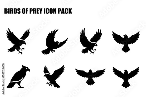 Birds of Prey Icon Pack. Silhouette illustrations of various birds of prey in different flying positions.