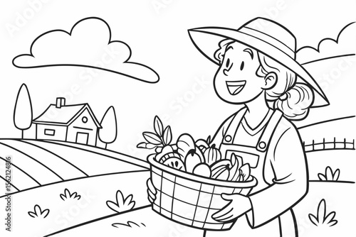 An everyday hero farmer, a woman with a wide hat, proudly showing her harvest of fresh vegetables. Simple and heartwarming line art for a coloring page, black and white