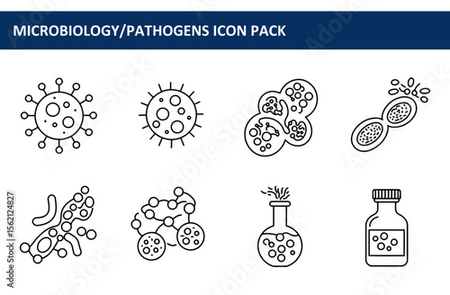 Line art illustrations of various microbiological pathogens and scientific equipment. Simple, clear icons for educational or medical use.