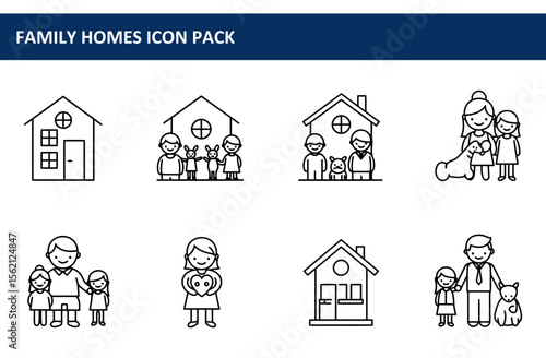 Family homes icon pack with diverse families in various poses in front of their homes. Happy families inside and outside of houses with children and pets.