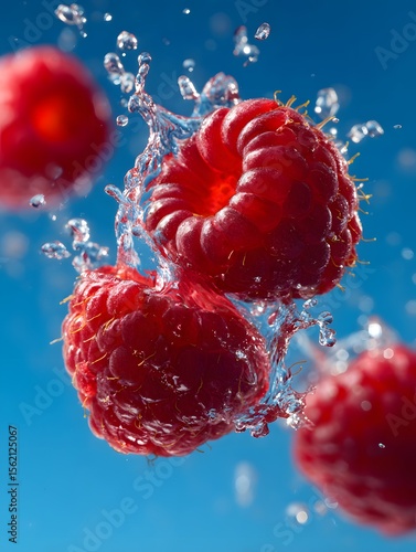 Raspberries Splashing in Water Against a Blue Background
