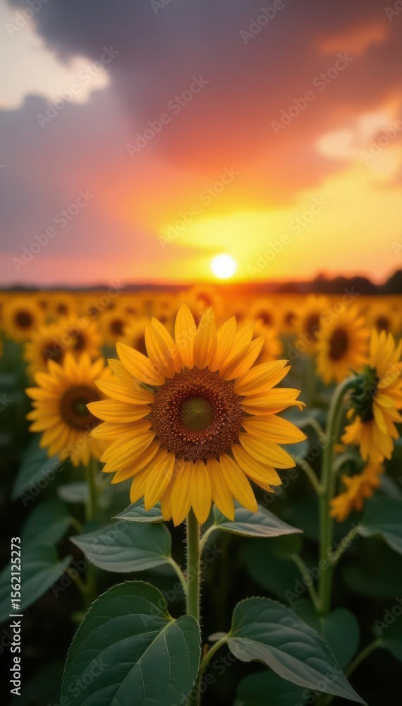 Obraz premium Sun-kissed sunflowers in a vast field at sunset , sun-drenched, background