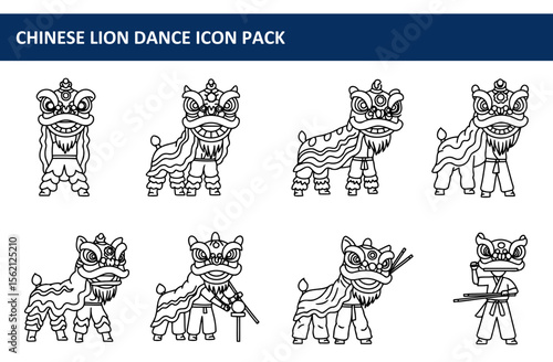 Chinese lion dance icon pack depicting various poses and actions of performers in traditional costumes against a white background.