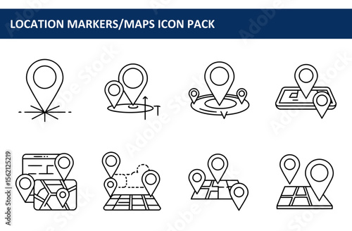 Location marker icons for navigation and mapping apps. Simple line drawings of location pin icons in different configurations, showing various map displays and navigational functionalities.