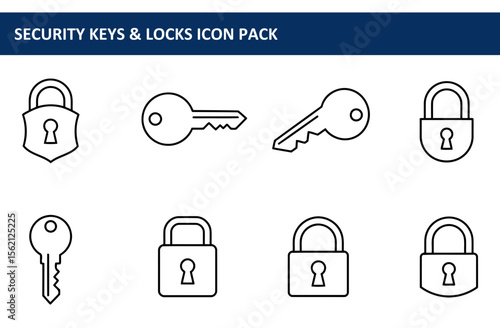 Security keys and locks icon set in a simple, flat design. Outlined lock and key shapes are displayed against a plain white background.