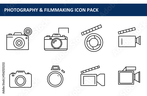 Photography and filmmaking icon set for various media use. Simple, black and white line art icons for photography and filmmaking equipment.